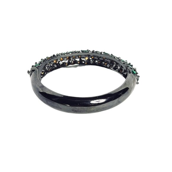 Kenneth J Lane Black Tone And Green Rhinestone Hinged Bangle Bracelet (6231) - Picture 4 of 5